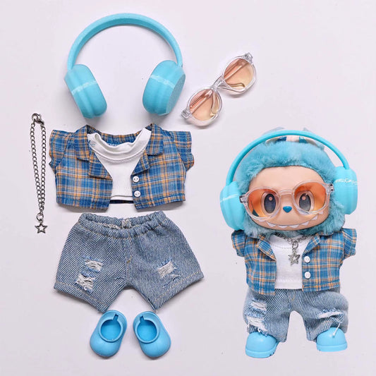High-Quality for Labubu Kids' Clothing 15Cm - 17Cm Blue Checkered Shirt, Ripped Jeans Set, Labubu Universal Clothing