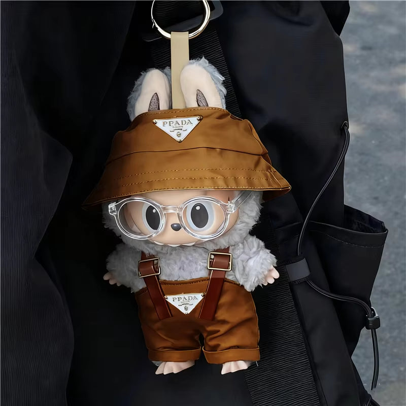 15 17Cm for Labubu Doll Inverted Triangel Outfits Clothing Luxury Fisherman Hat Overalls Retro Glasses Set Clothes Accessories