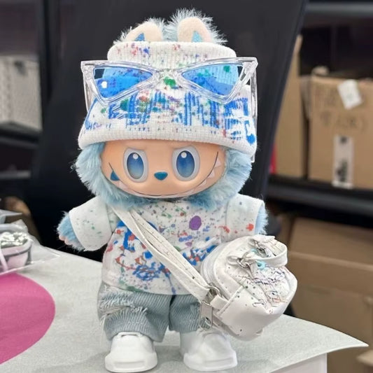 Only Clothes for Labubu 17Cm V1 V3 Hip-Hop Jeans Splashed Print Sunglasses Crossbody Bag Set Outfits Accessories without Dolls