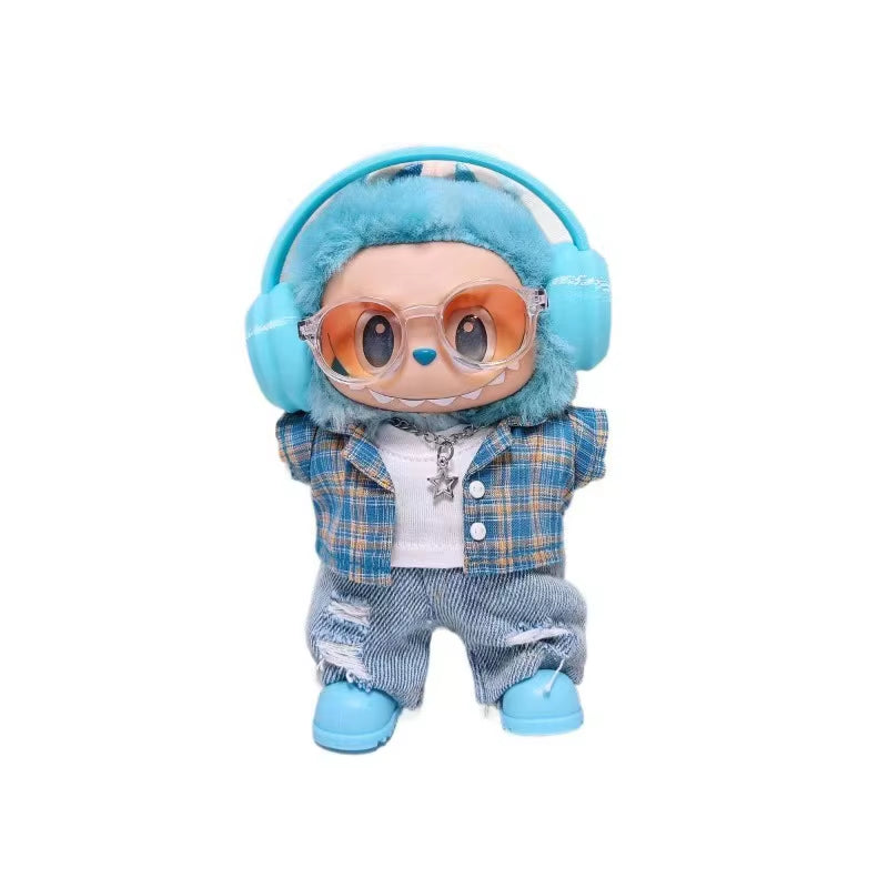 High-Quality for Labubu Kids' Clothing 15Cm - 17Cm Blue Checkered Shirt, Ripped Jeans Set, Labubu Universal Clothing