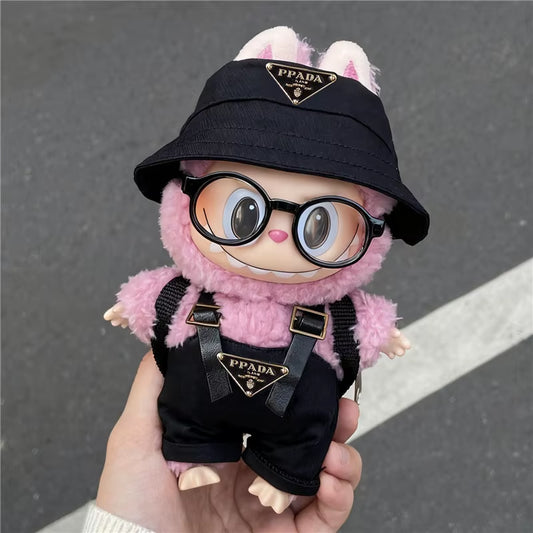 15 17Cm for Labubu Doll Inverted Triangel Outfits Clothing Luxury Fisherman Hat Overalls Retro Glasses Set Clothes Accessories