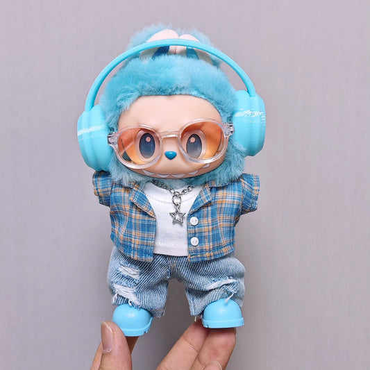 High-Quality for Labubu Kids' Clothing 15Cm - 17Cm Blue Checkered Shirt, Ripped Jeans Set, Labubu Universal Clothing