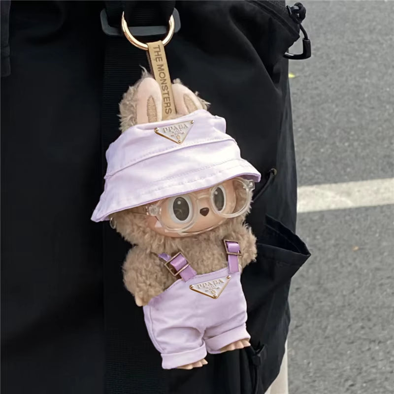 15 17Cm for Labubu Doll Inverted Triangel Outfits Clothing Luxury Fisherman Hat Overalls Retro Glasses Set Clothes Accessories