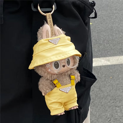 15 17Cm for Labubu Doll Inverted Triangel Outfits Clothing Luxury Fisherman Hat Overalls Retro Glasses Set Clothes Accessories