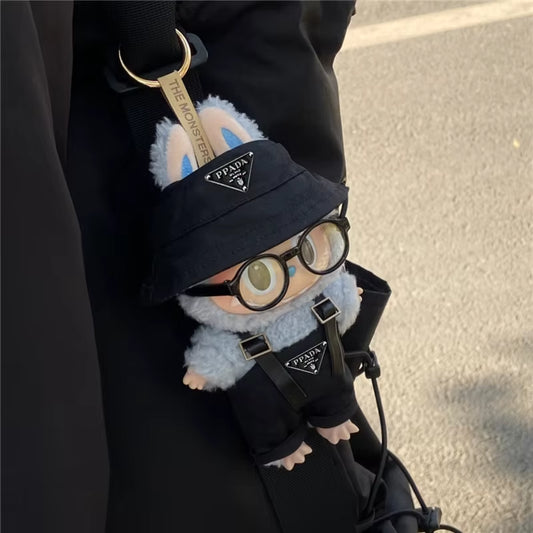 15 17Cm for Labubu Doll Inverted Triangel Outfits Clothing Luxury Fisherman Hat Overalls Retro Glasses Set Clothes Accessories
