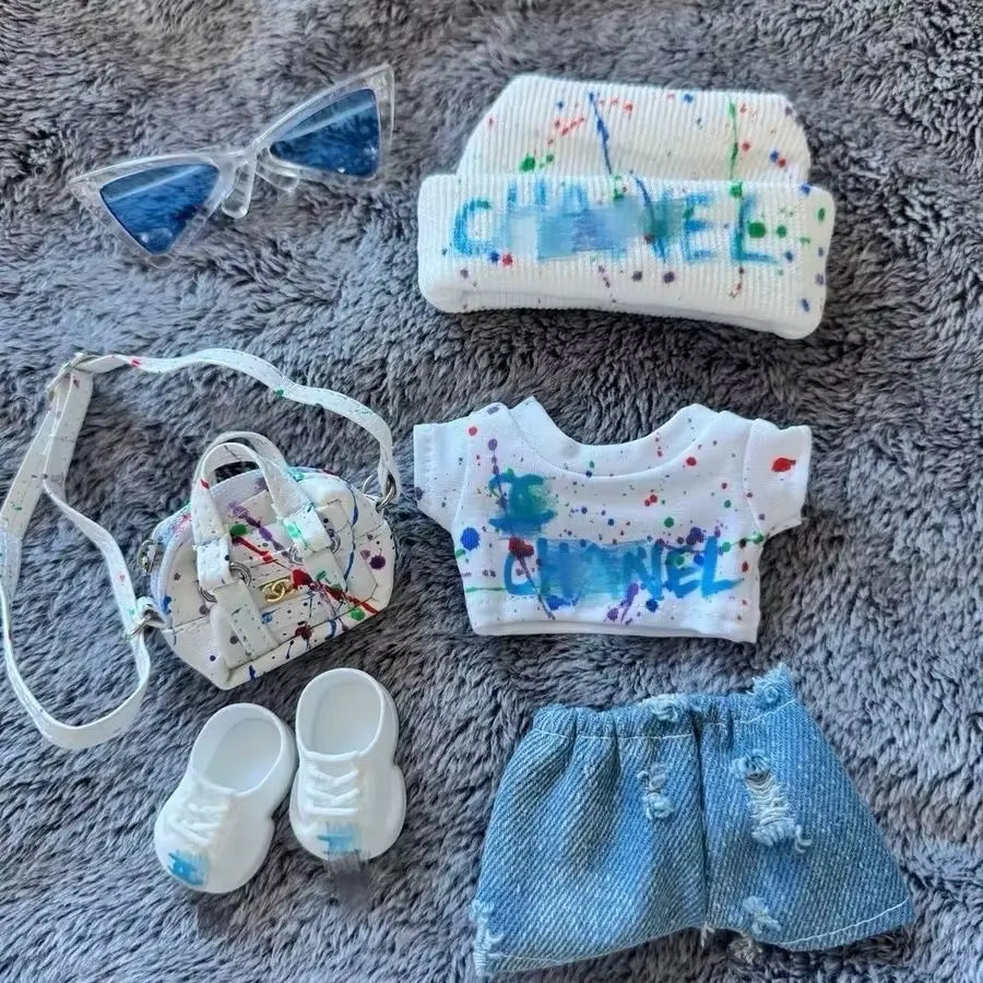 Only Clothes for Labubu 17Cm V1 V3 Hip-Hop Jeans Splashed Print Sunglasses Crossbody Bag Set Outfits Accessories without Dolls