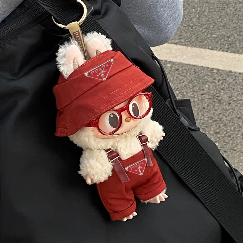15 17Cm for Labubu Doll Inverted Triangel Outfits Clothing Luxury Fisherman Hat Overalls Retro Glasses Set Clothes Accessories