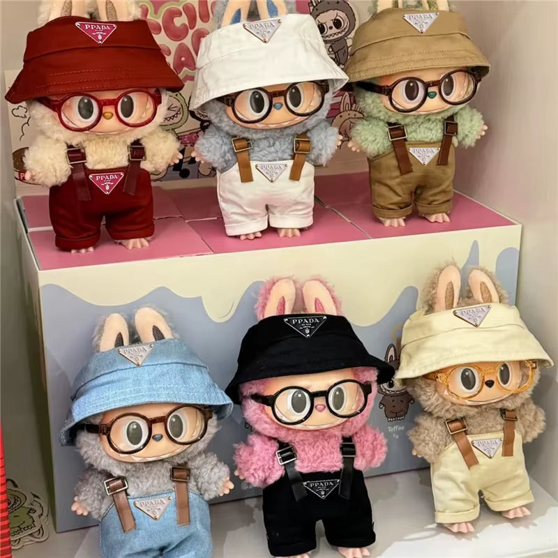 15 17Cm for Labubu Doll Inverted Triangel Outfits Clothing Luxury Fisherman Hat Overalls Retro Glasses Set Clothes Accessories