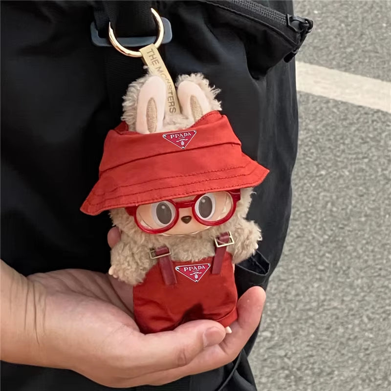 15 17Cm for Labubu Doll Inverted Triangel Outfits Clothing Luxury Fisherman Hat Overalls Retro Glasses Set Clothes Accessories