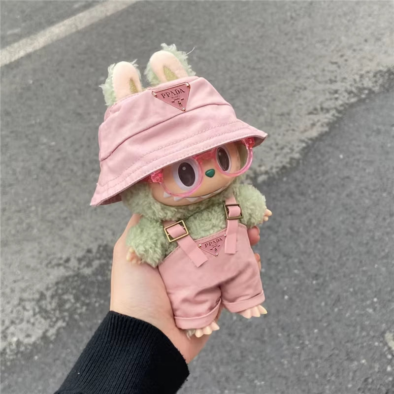 15 17Cm for Labubu Doll Inverted Triangel Outfits Clothing Luxury Fisherman Hat Overalls Retro Glasses Set Clothes Accessories