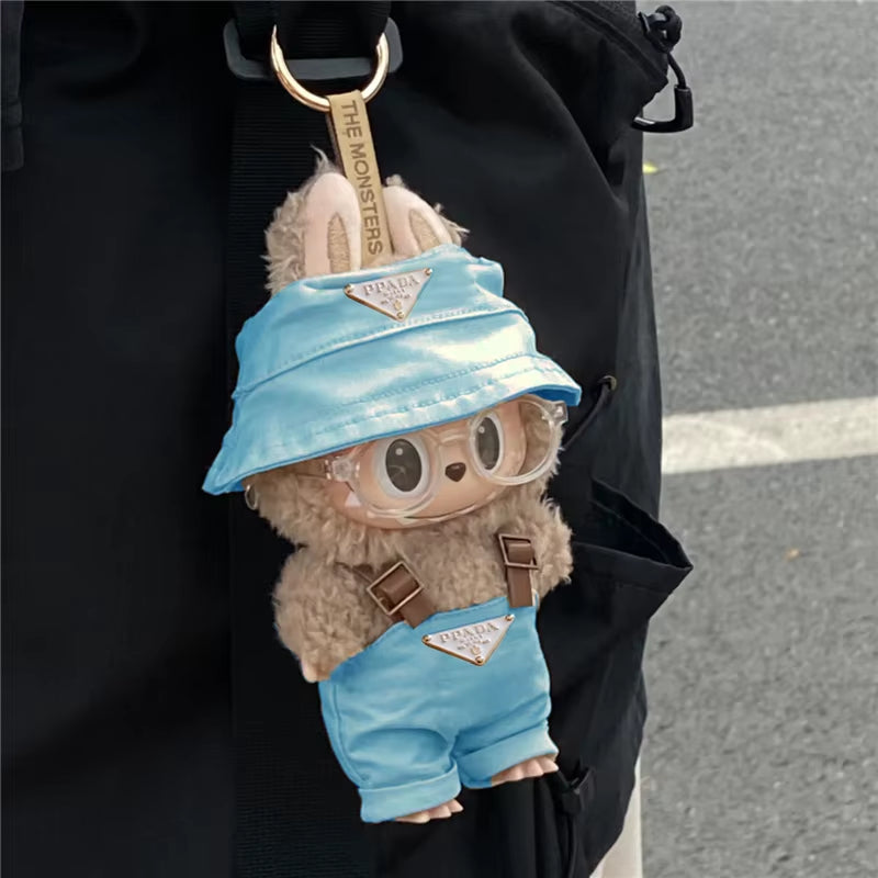 15 17Cm for Labubu Doll Inverted Triangel Outfits Clothing Luxury Fisherman Hat Overalls Retro Glasses Set Clothes Accessories