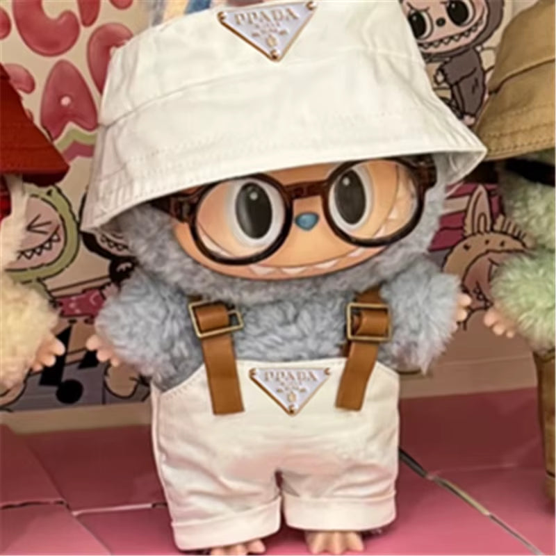 15 17Cm for Labubu Doll Inverted Triangel Outfits Clothing Luxury Fisherman Hat Overalls Retro Glasses Set Clothes Accessories