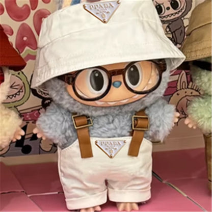 15 17Cm for Labubu Doll Inverted Triangel Outfits Clothing Luxury Fisherman Hat Overalls Retro Glasses Set Clothes Accessories