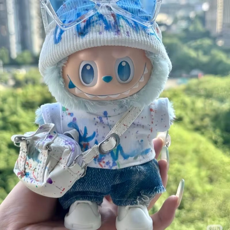 Only Clothes for Labubu 17Cm V1 V3 Hip-Hop Jeans Splashed Print Sunglasses Crossbody Bag Set Outfits Accessories without Dolls