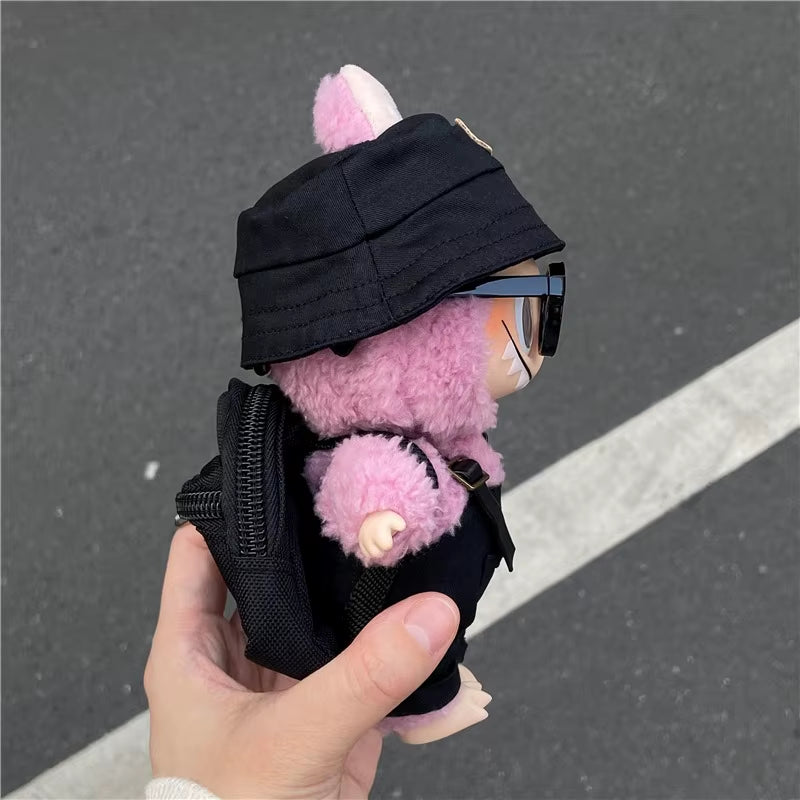 15 17Cm for Labubu Doll Inverted Triangel Outfits Clothing Luxury Fisherman Hat Overalls Retro Glasses Set Clothes Accessories