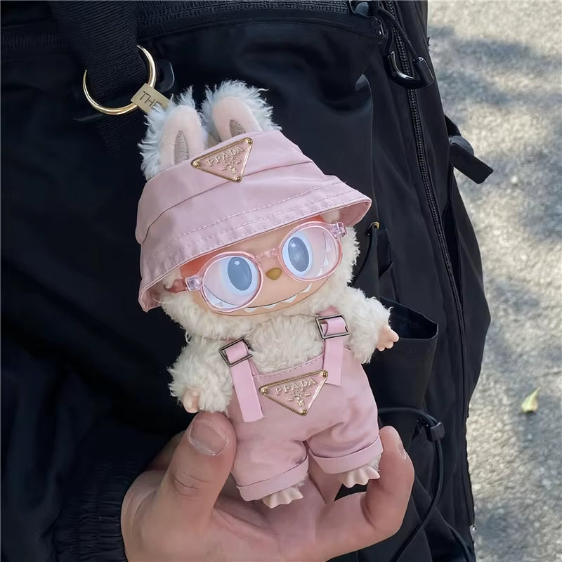 15 17Cm for Labubu Doll Inverted Triangel Outfits Clothing Luxury Fisherman Hat Overalls Retro Glasses Set Clothes Accessories