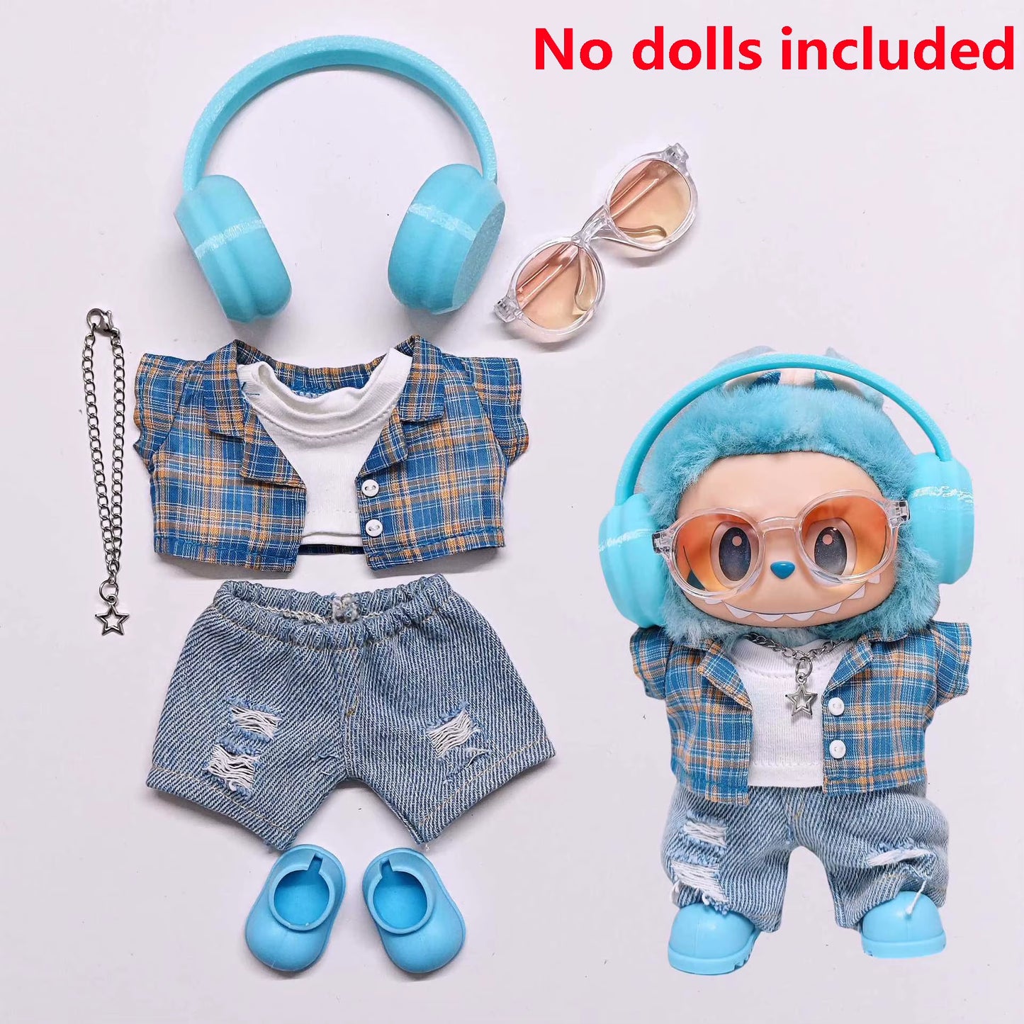 High-Quality for Labubu Kids' Clothing 15Cm - 17Cm Blue Checkered Shirt, Ripped Jeans Set, Labubu Universal Clothing