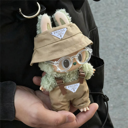 15 17Cm for Labubu Doll Inverted Triangel Outfits Clothing Luxury Fisherman Hat Overalls Retro Glasses Set Clothes Accessories